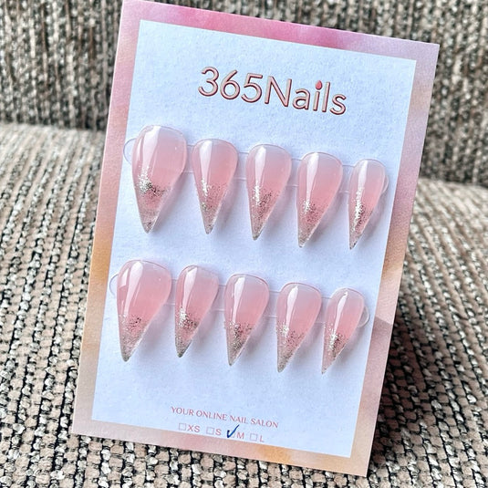 365nails: "Sheer Pink Silver Glitter Gradient Tip" – Minimal Gloss Handmade Long Stiletto Nails