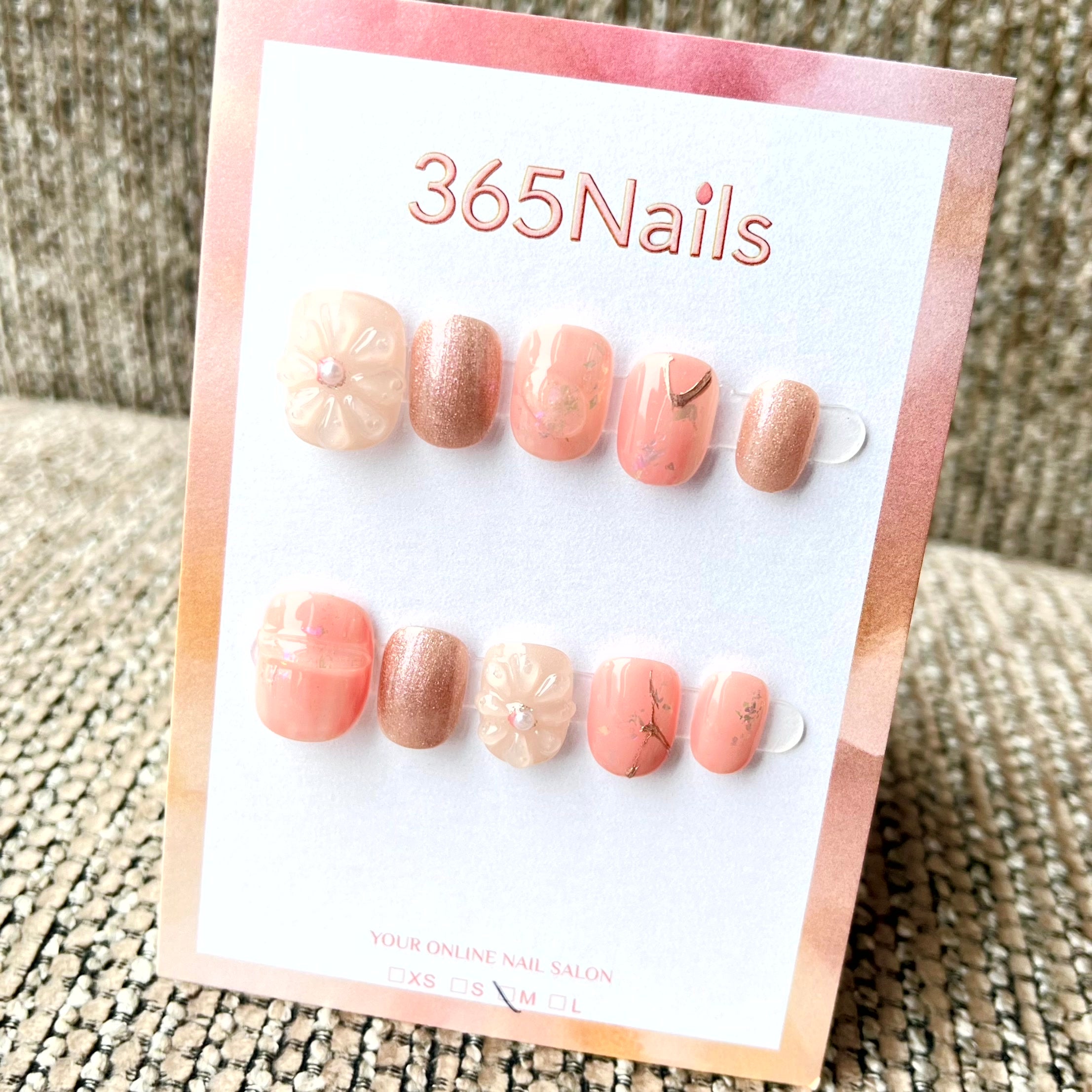 365nails: "Peach Blossom" – 3D Floral Handmade Short Oval Nails