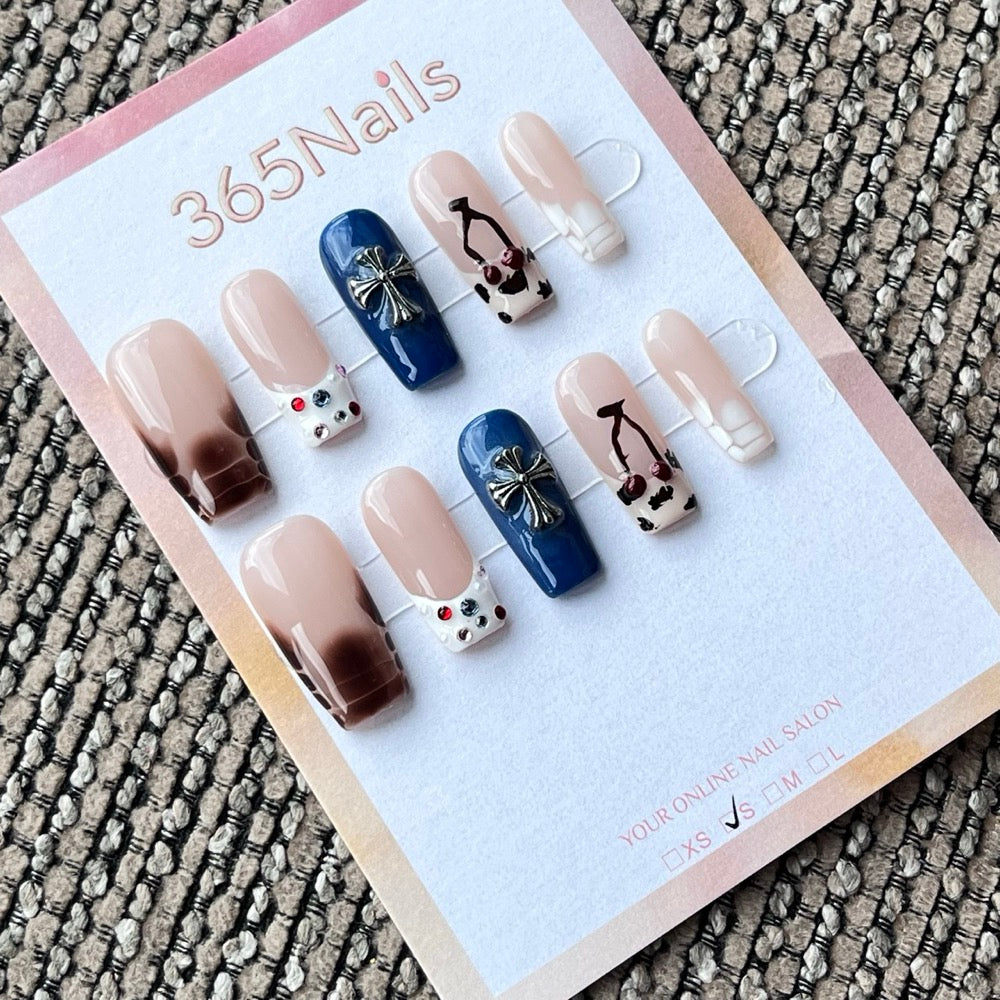 Trendy Nude Blue Cross Cherry Press-On Nails