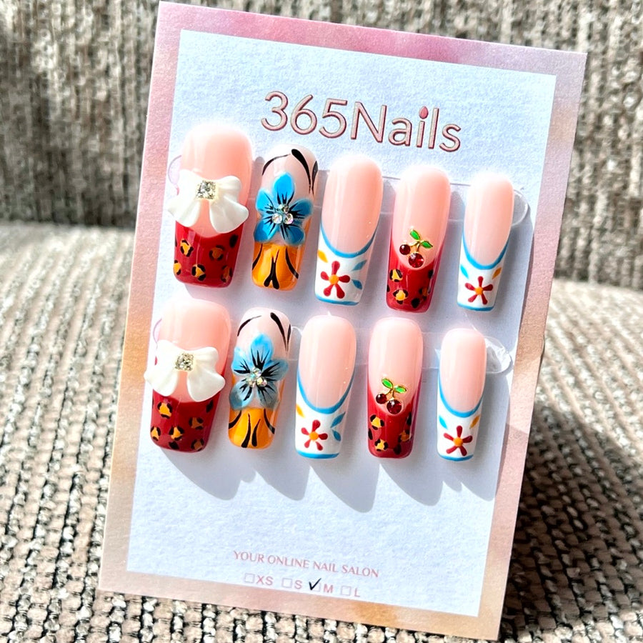 365nails: "Summer Picnic Garden" – Handmade Medium Square Press-On Nails