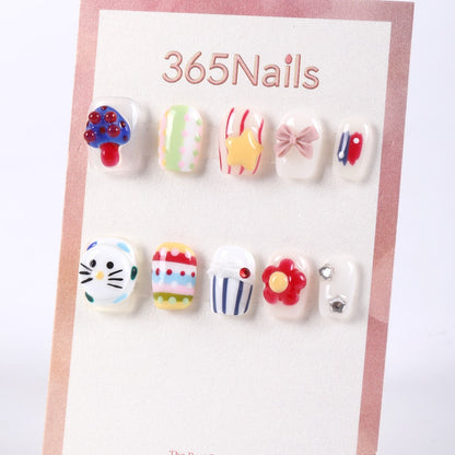 365Nails Milky Jelly Base with Candy Fun Elements—3D Star, Bow, Cupcake and Flower Accents – Cute Short Squoval Press-On Nails