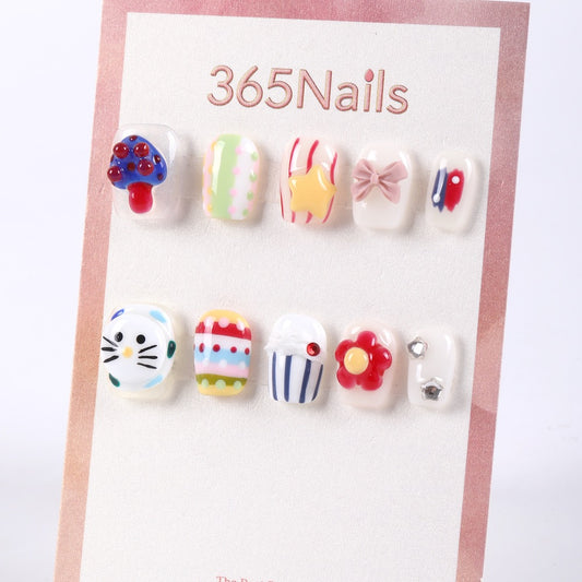 365Nails Milky Jelly Base with Candy Fun Elements—3D Star, Bow, Cupcake and Flower Accents – Cute Short Squoval Press-On Nails