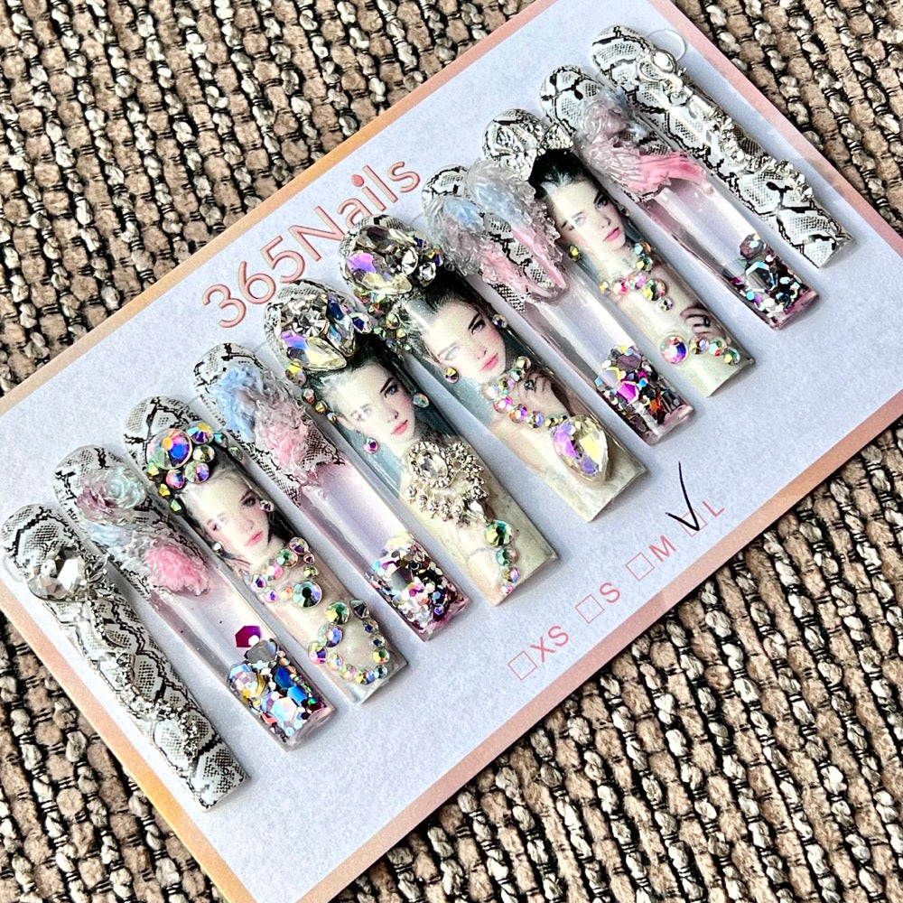 365nails: "Snakeskin Crystal Diva" – Handmade Liquid Motion Press-On Long Pipe Nails-5.5cm