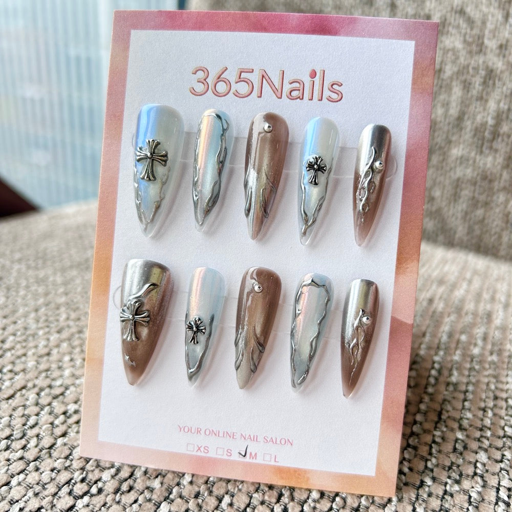 Femme Fatale: "Chrome Saint" – Icy Aurora & Metallic Bronze Mix with 3D Gothic Cross & Liquid Silver Lines Long Stiletto Nails