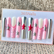 365nails: "Pink Silver Star Long" – Handmade Long Trapezoid Press-On Nails