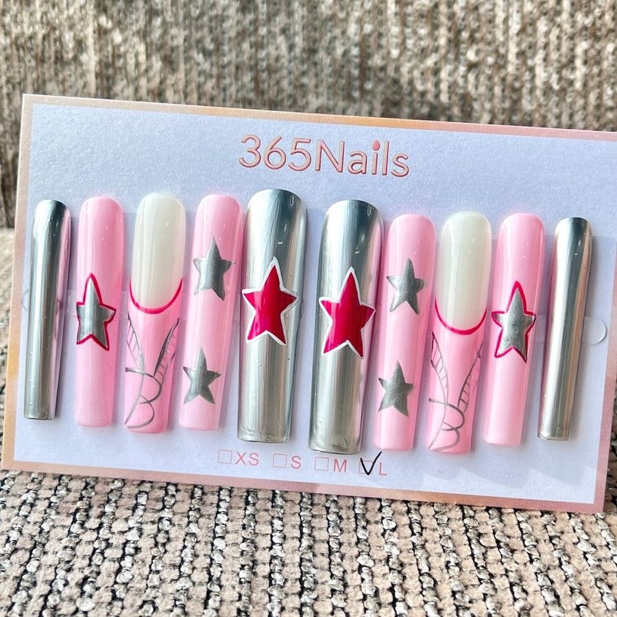 365nails 핑크 실버 별 롱 사다리꼴형 수제 프레스온 네일