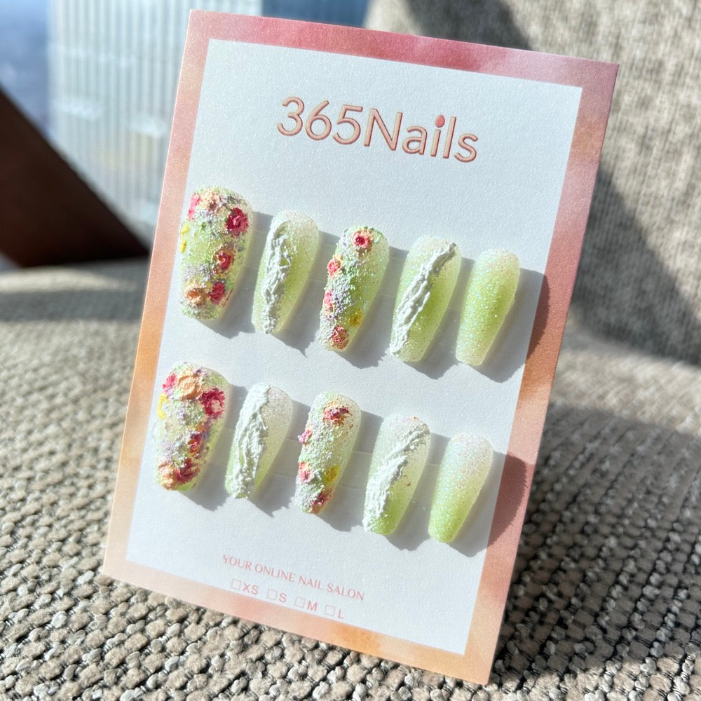 Sweet & Dopamine: "Lime Sorbet Garden" – Pale Lime Sugar Glitter, Impasto Floral & Plaster Texture Press-on Nails