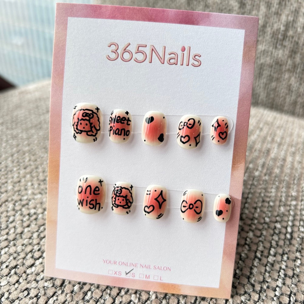 Cartoon & Dopamine: "Sweet Piano Blush" – Hand-Painted Pink Sheep, Black Bow & Aura Blush Short Nails