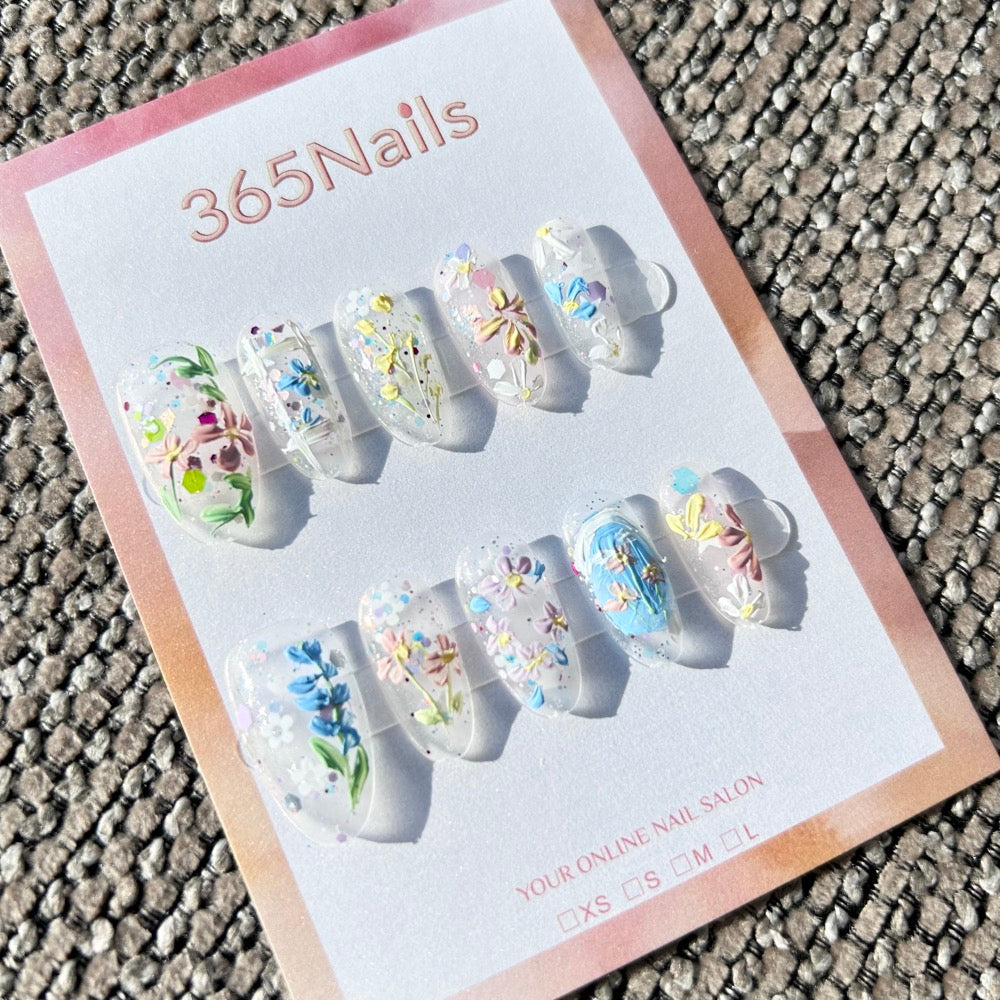 Sweet & Dopamine: "Crystal Garden" – Clear Base Hand-Painted Oil Painting Flowers, 3D Textured Floral Art & Glitter Press-on Nails