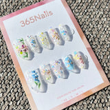Sweet & Dopamine: "Crystal Garden" – Clear Base Hand-Painted Oil Painting Flowers, 3D Textured Floral Art & Glitter Press-on Nails
