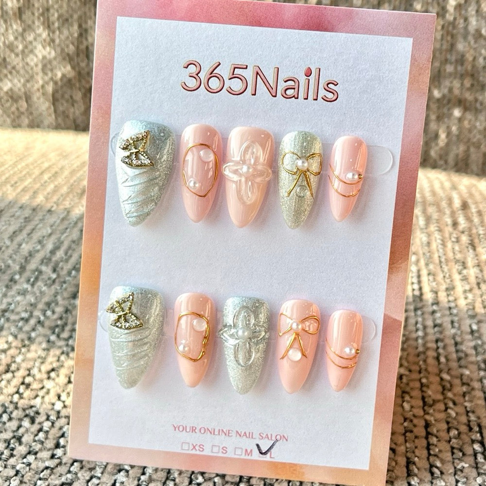 365nails: 핑크 실버 3D 나비 리본 진주 수제 미디엄 스틸레토형 프레스온 네일