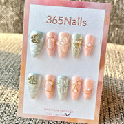 365nails: 핑크 실버 3D 나비 리본 진주 수제 미디엄 스틸레토형 프레스온 네일