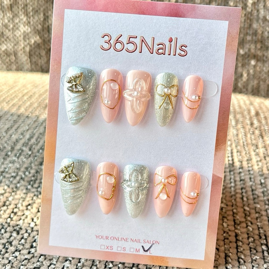 365nails: 핑크 실버 3D 나비 리본 진주 수제 미디엄 스틸레토형 프레스온 네일