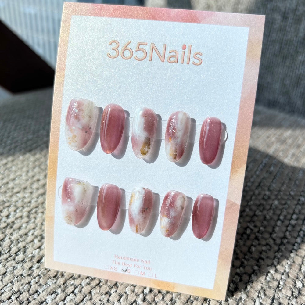 Ethereal Ink: "Rosy Mist" – Dusty Mauve Pink Cat Eye & White Cloud Marble with Gold Foil Oval Nails