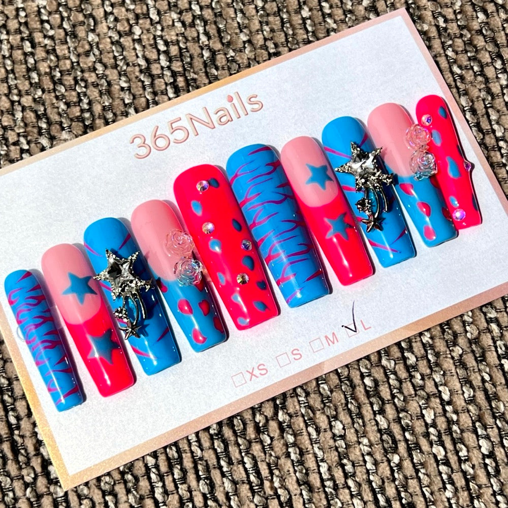 365nails: "Cosmic Candy" – 3D Star & Charm Handmade Long Coffin Nails