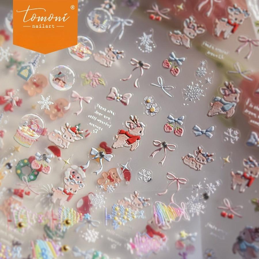 Crystal Christmas Reindeer Nail Stickers – 5D Embossed Festive Whimsy Set