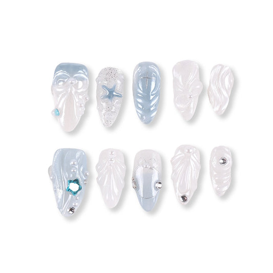 365Nails Ice Blue Pearl-Shell 3D Sea Star Gel Press-Ons