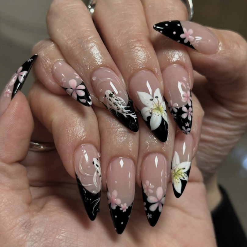 3D French Floral Glossy Pink White Almond Short Press On Nails – Design 59