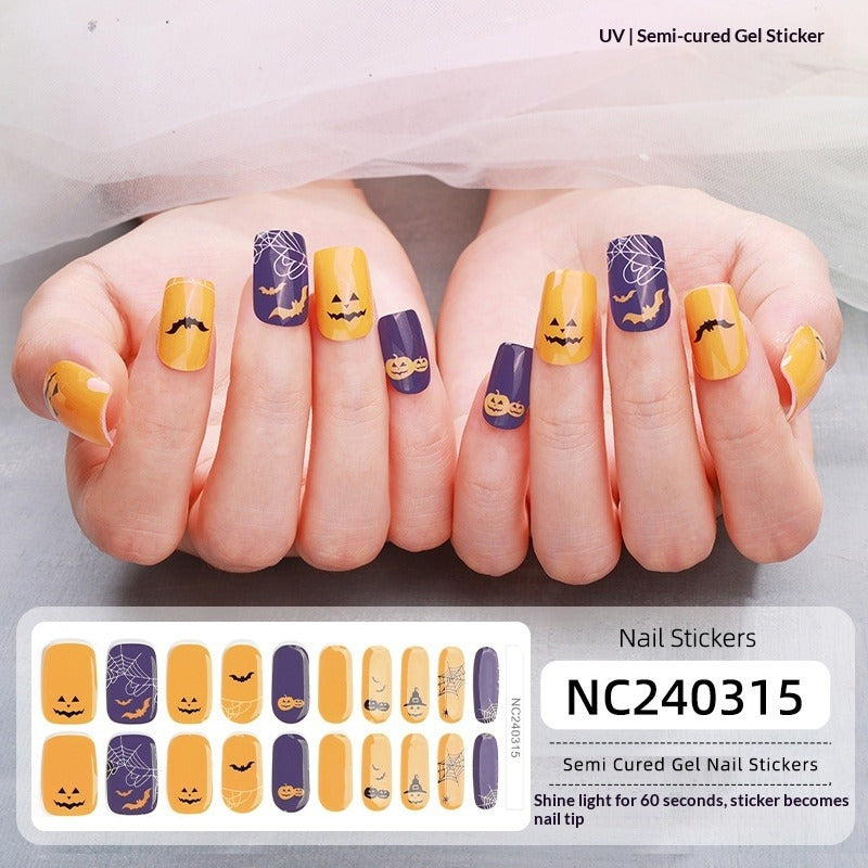 Semi-Cured Gel Nail Strips Halloween Pumpkin Glitter Design (MOQ=3)