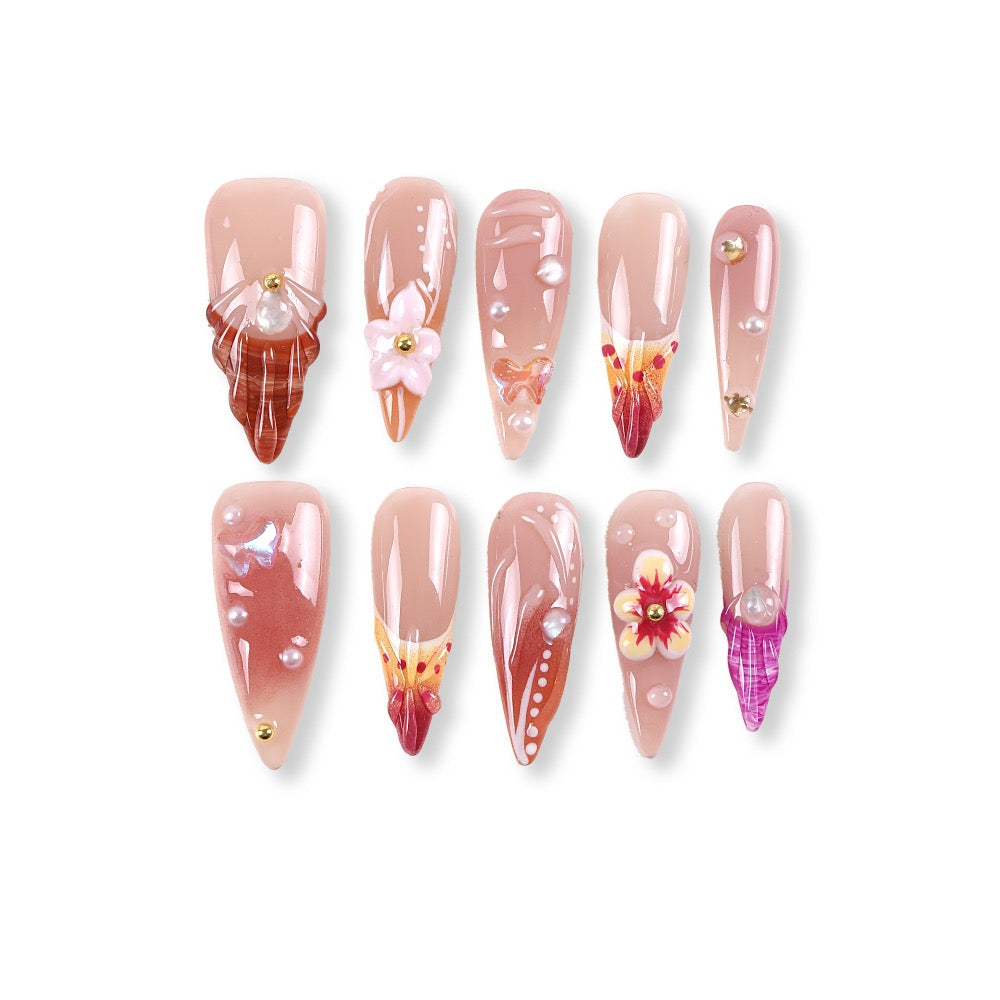 365Nails Sheer Nude Tea with Caramel Jelly Ombre, 3D Florals/Butterfly and Dewy Pearls – Elegant Long Almond Press-On Nails