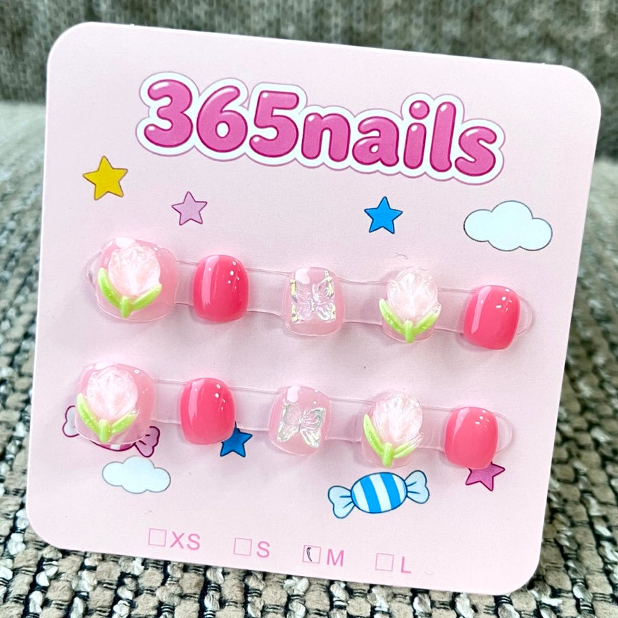 365nails: "Pink Blossom" – 3D Floral & Glitter Handmade Short Square Nails
