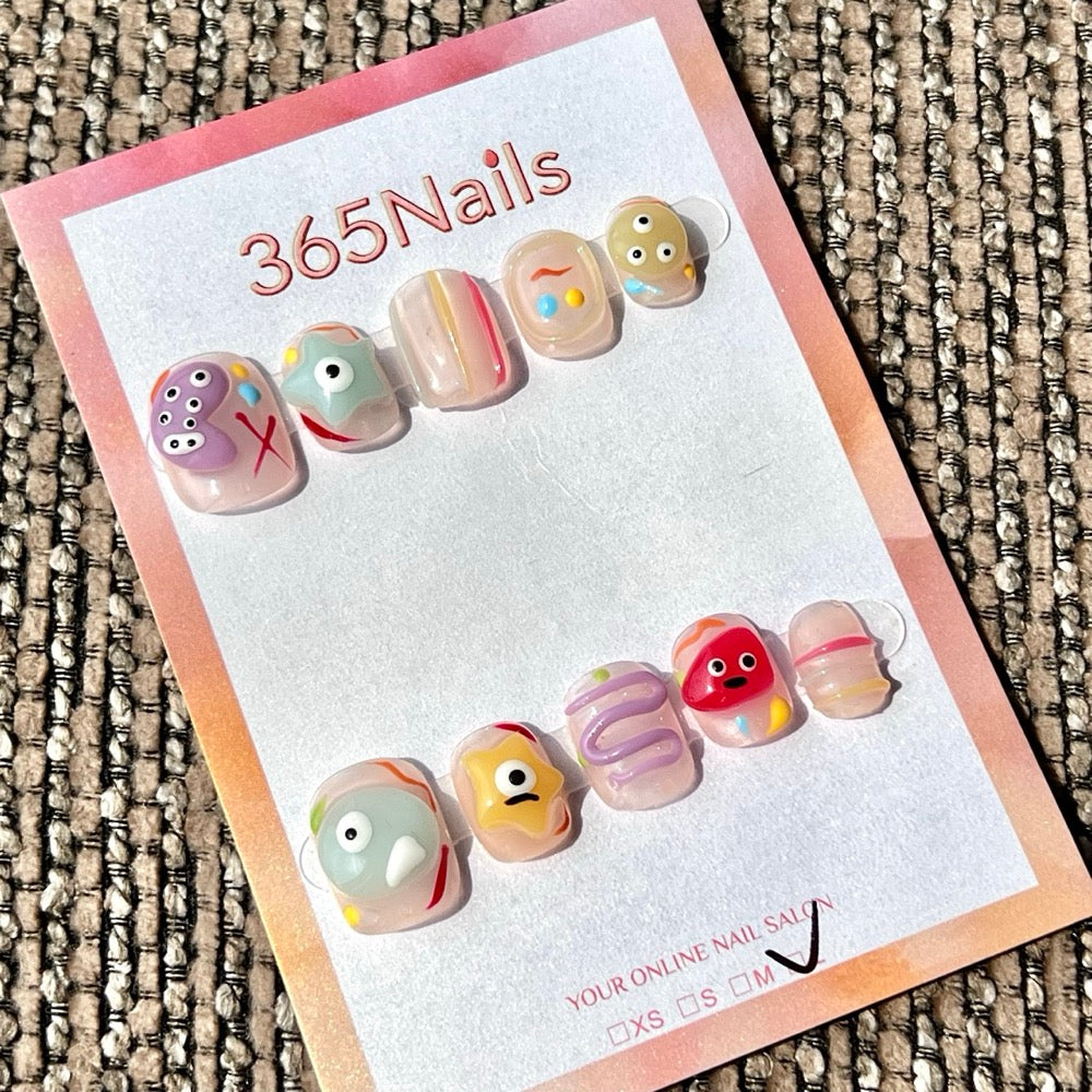 365nails 可愛怪獸派對 3D 卡通手工製短款方形穿戴甲