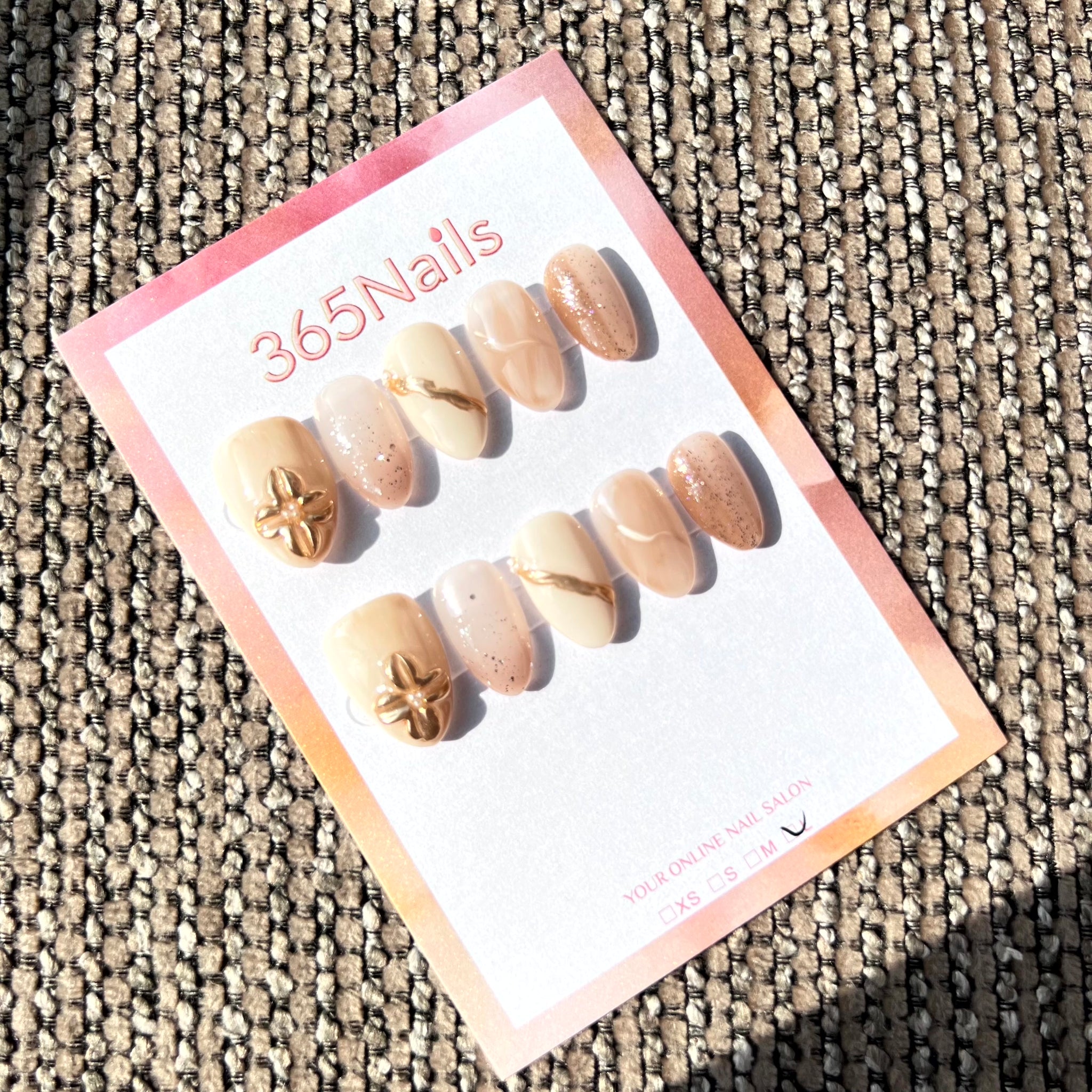 365nails: "Nude Gold Blossom" – Sheer Nude & 3D Gold Flower Handmade Oval Nails