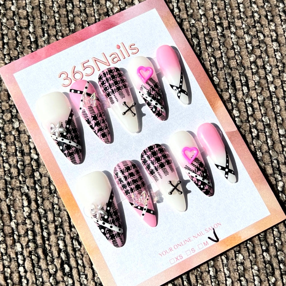 365nails: "Sweet Plaid" – 3D Heart & Bow Handmade Stiletto Nails