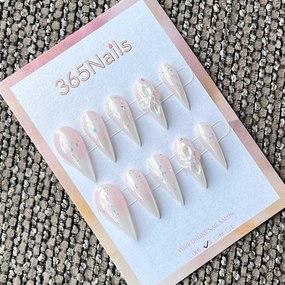 Pink & White Stiletto Press-On Nails with 3D Bow Charms