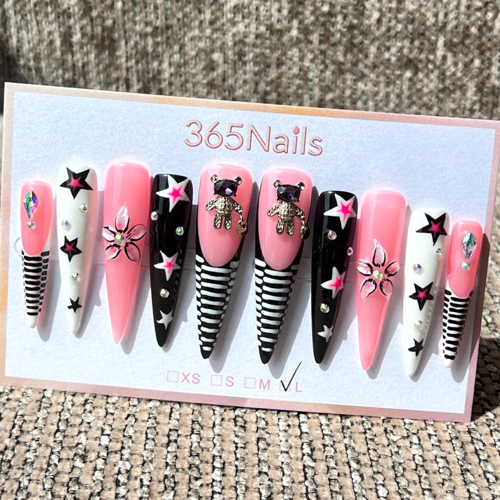 365nails: "Starlight Stripes" – 3D Bear & Star Handmade Long Stiletto Nails