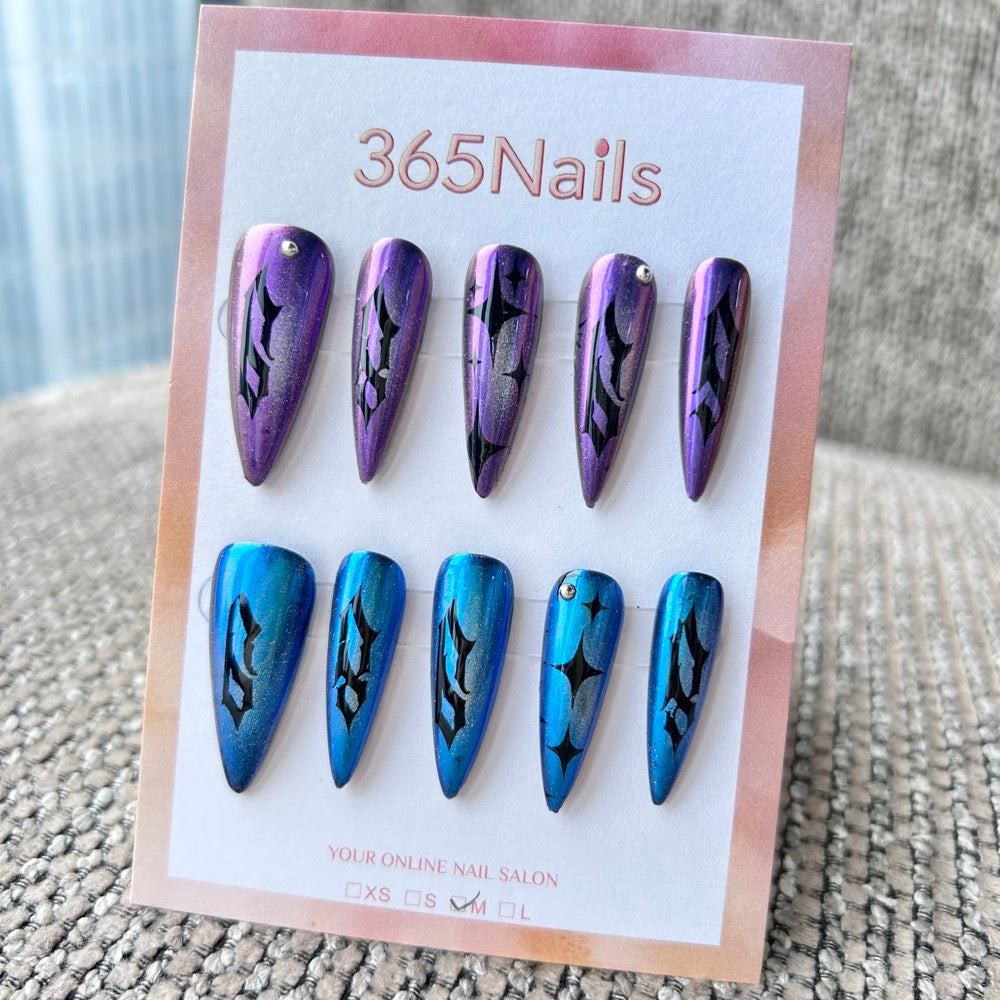 Femme Fatale: "Galactic Sigil" – Violet & Azure Cat Eye with Black Cyber Tribal Totems Long Stiletto Nails
