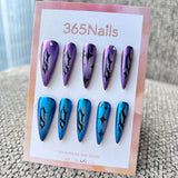 Femme Fatale: "Galactic Sigil" – Violet & Azure Cat Eye with Black Cyber Tribal Totems Long Stiletto Nails