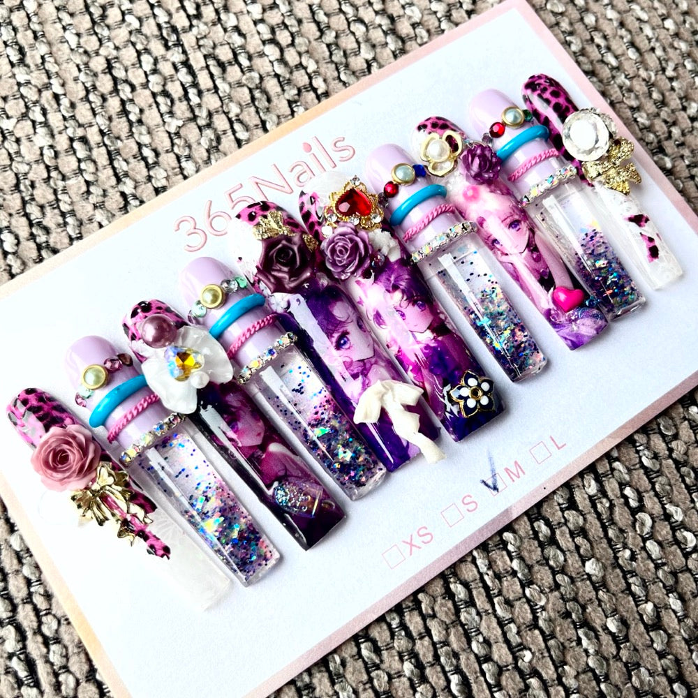 365nails: "Wild Rose" – 3D Leopard Print Handmade Coffin Nails-5.5cm