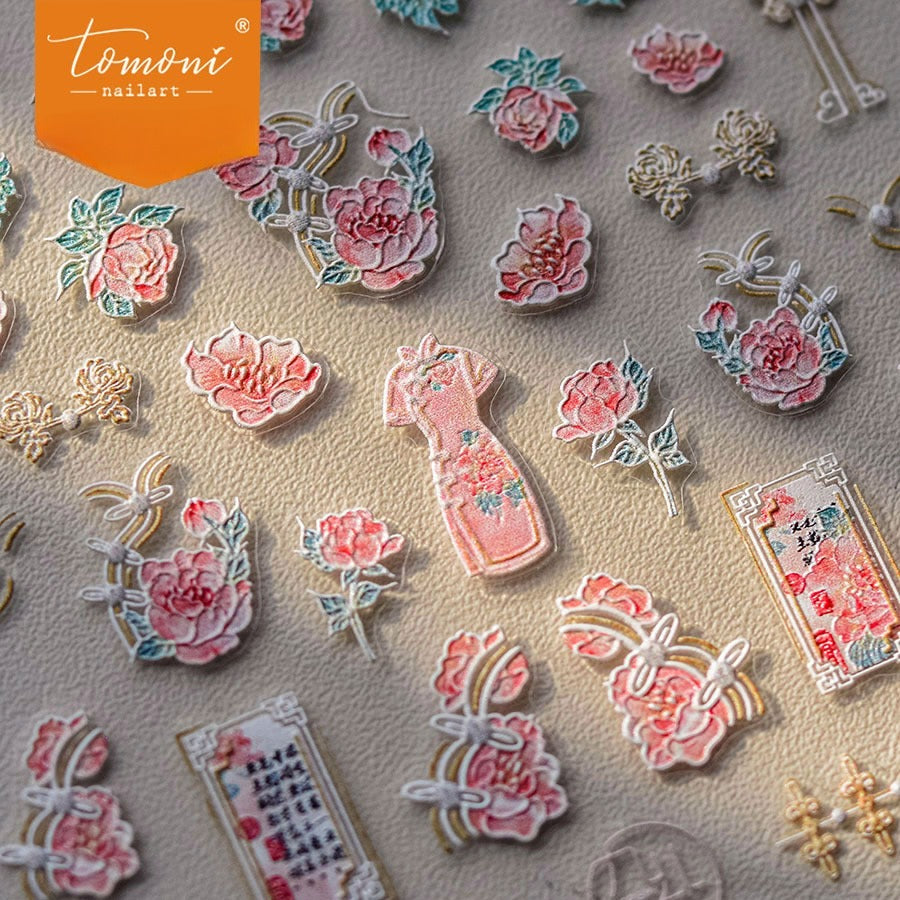 Chinese Peony & Qipao Nail Stickers – 5D Embossed Oriental Elegance Set