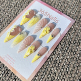 Handmade Pastel Yellow 3D Floral & Butterfly Press-on Nails | Milky Swirls & Pearls | Long Stiletto | 10pcs Set