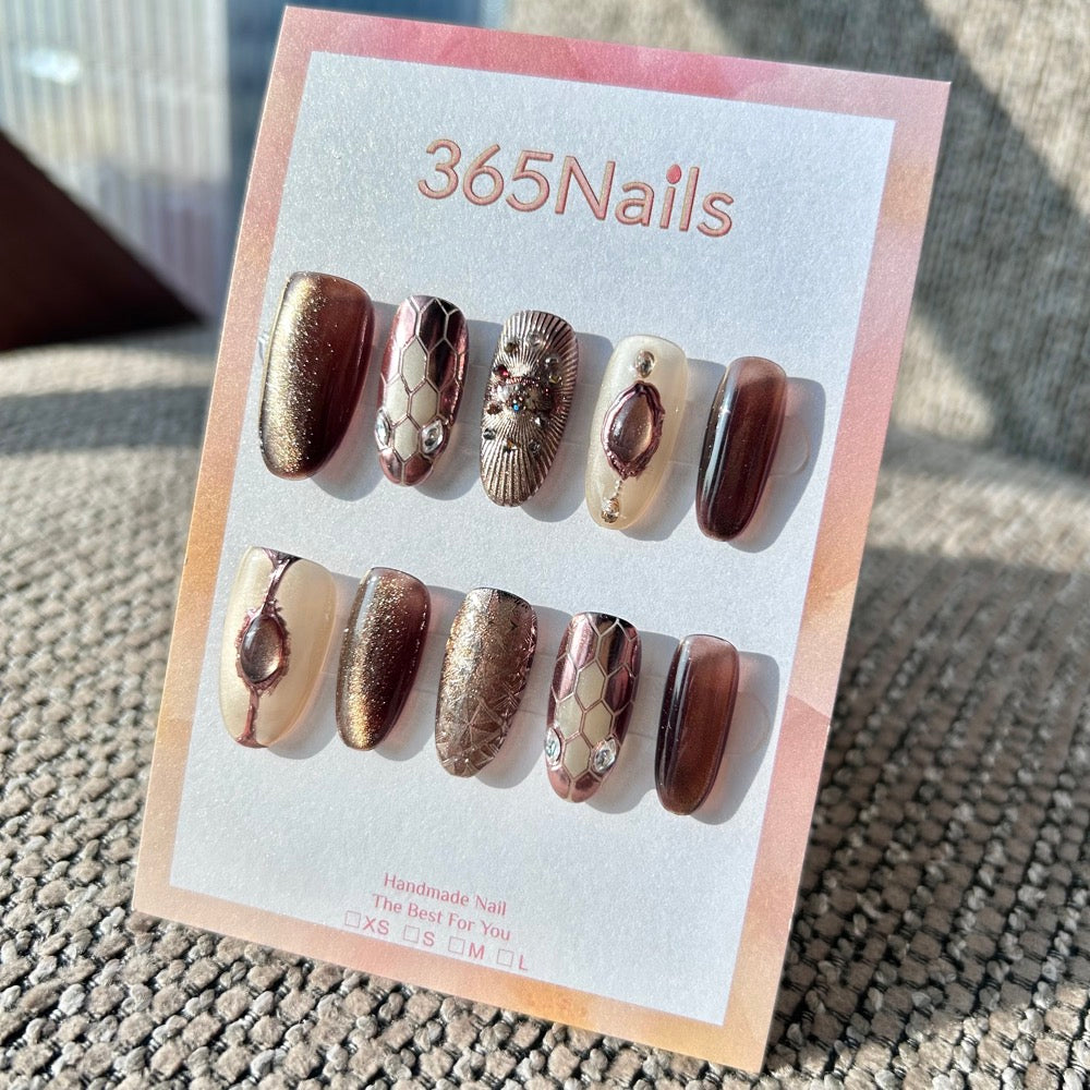 Luxury Logo The Gilded Serpent: "Bronze Wasteland" – Metallic Rose Gold & Brown Steampunk Handmade Press-On Nails with Vintage Gem