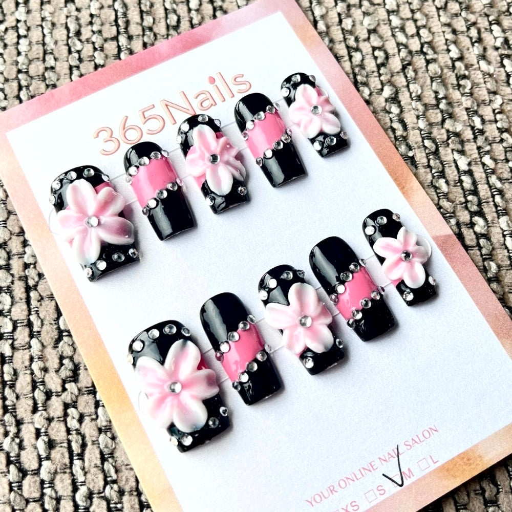365nails: "Midnight Blossom" – 3D Floral Handmade Square Nails
