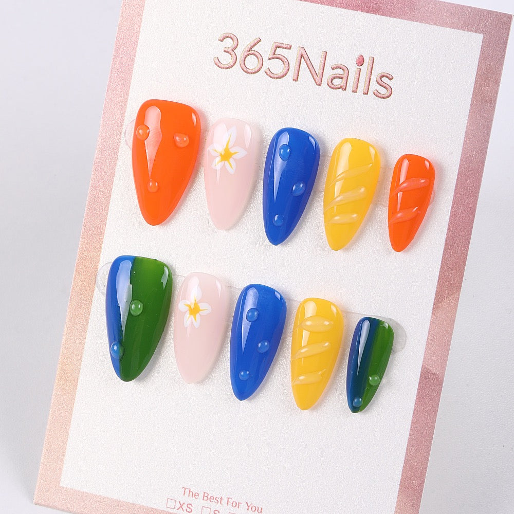 365Nails Dopamine Jelly Press-On Nails Blue Yellow Orange Green Mix with Dew Drops and Daisies