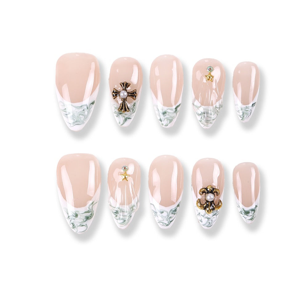 365Nails Marble French Pearl Charm Press-On Nails