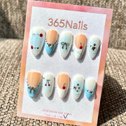 365nails 체리 리본 체크 수제 3D 리본 장식 미디엄 스틸레토형 프레스온 네일