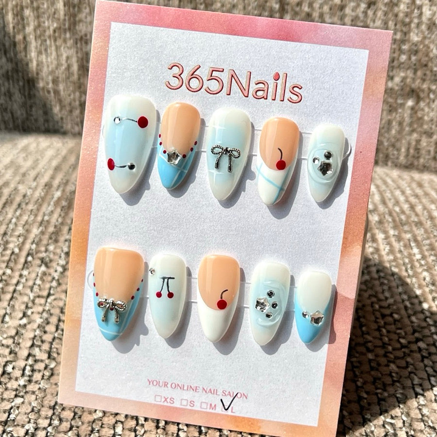 365nails: "Cherry Ribbon Check" – 3D Bow Handmade Medium Stiletto Press-On Nails