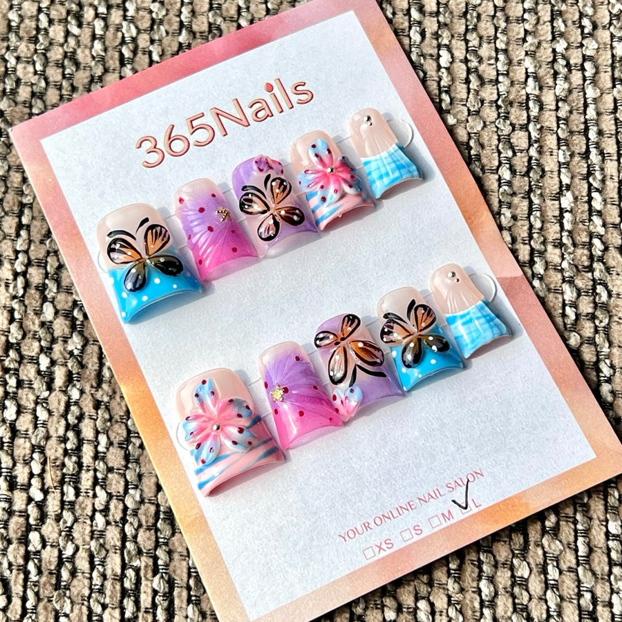 365nails: "Colorful Butterfly Flower Short" – Handmade Short Trapezoid Press-On Nails