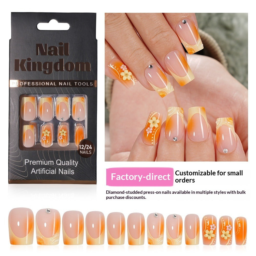 Orange French Floral Crystal Press On Nails (MOQ=3)
