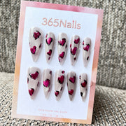 Cosmic Fatale: "Berry Blush Hearts" – Long Sharp Stiletto Handmade Press On Nails