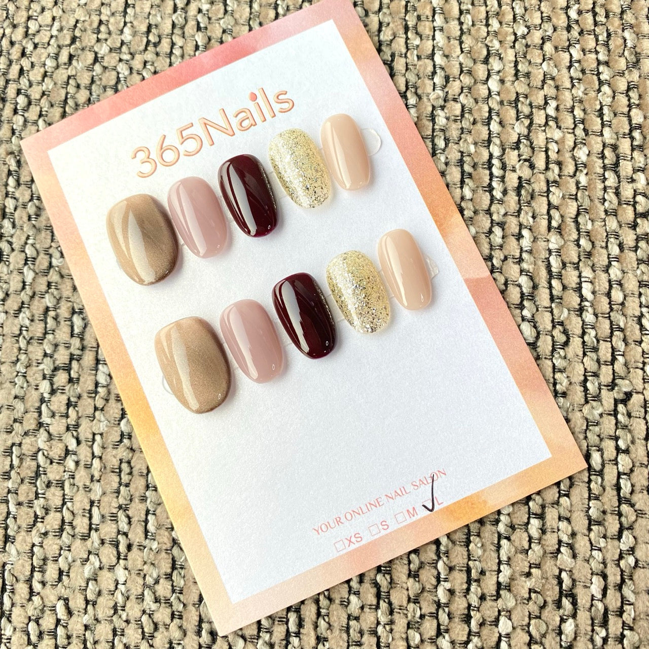 365nails: "Burgundy Nude Gold Glitter" – handmade press-on nail