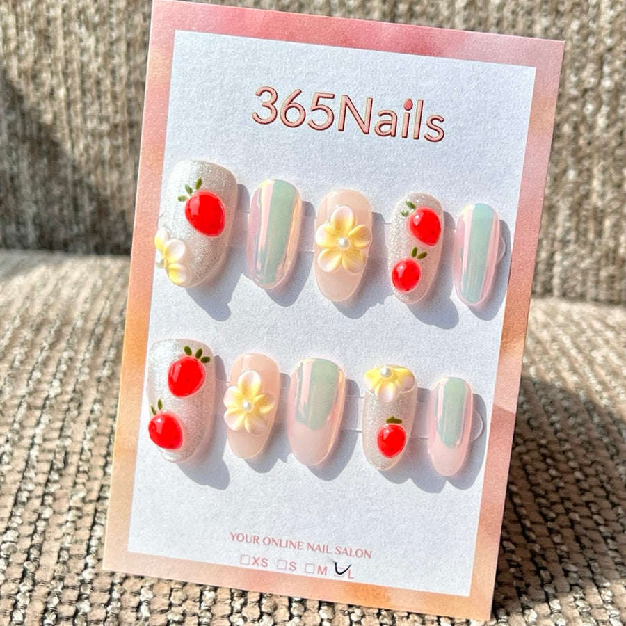 365nails: "Aurora Strawberry Flower Mix" – 3D Fruit & Flower Handmade Medium Oval Press-On Nails