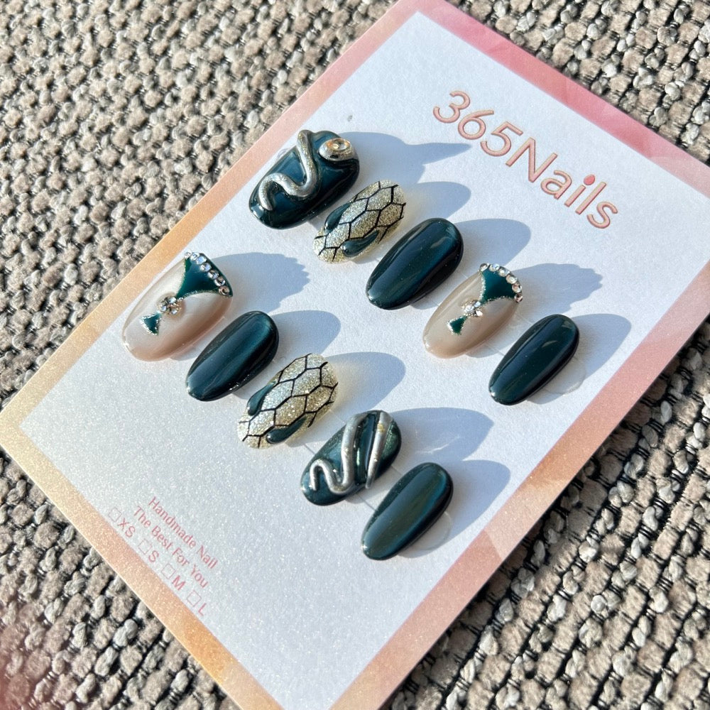 Luxury Logo The Gilded Serpent: "Emerald Python" – Dark Green Cat Eye & Gold Scale Handmade Press-On Nails with 3D Snake Charm