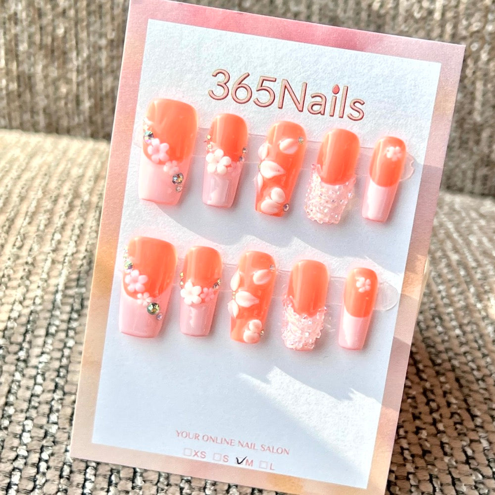 "Coral Floral & Crystal" - Wholesale Ultra-Soft Flexible Fit Handmade Nails (MOQ=100)