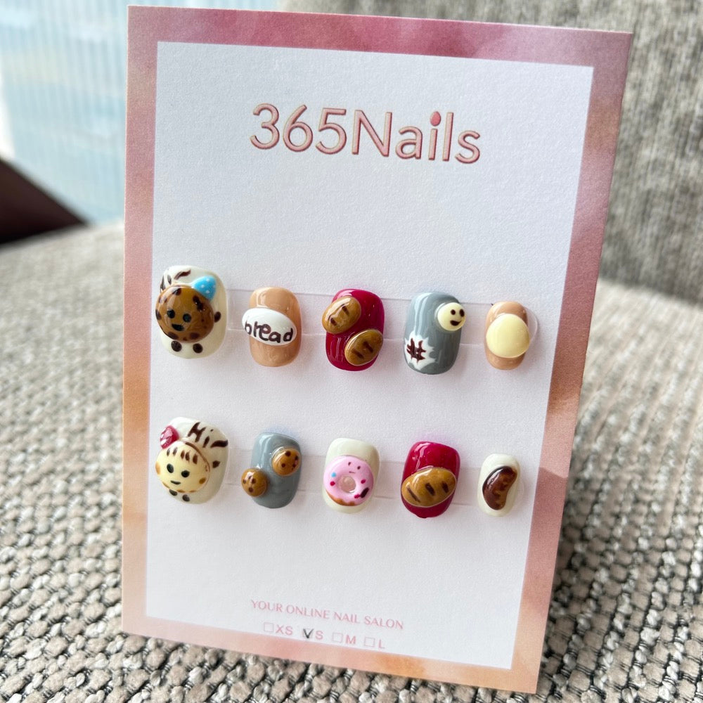 Cartoon & Dopamine: "Happy Bakery Morning" – 3D Cookie, Baguette, Donut & Smiling Bread Short Nails