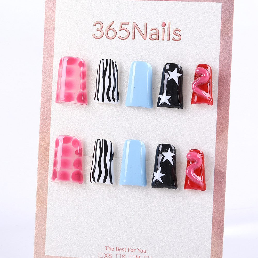 Pop Graphic Press-On Nails with Checker, Zebra, Star, and Wavy Designs